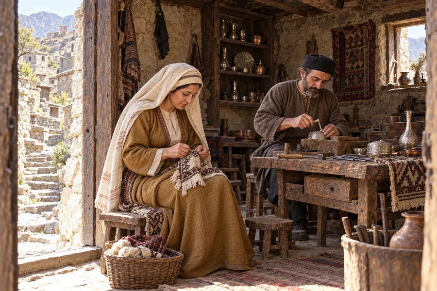 Ручной гравировальный резец, деревянная опора и доиндустриальные ремесленные инструменты в творческой реконструкции рабочего пространства Кубачи около 1800 года.
